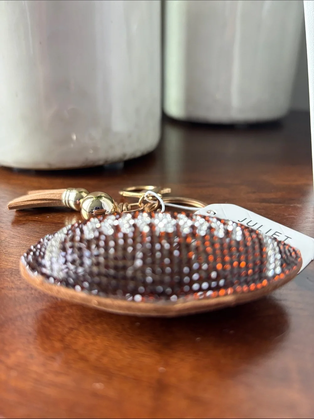 Crystal Avenue Puff Football,rhinestones, Felt keychain,gold fringe,clasp,O ring